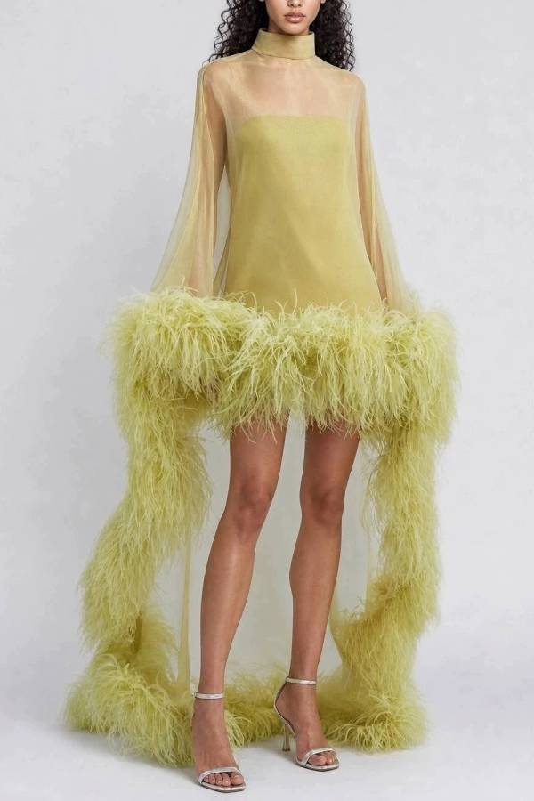 High‑Neck Tulle Feather Train Evening Gown