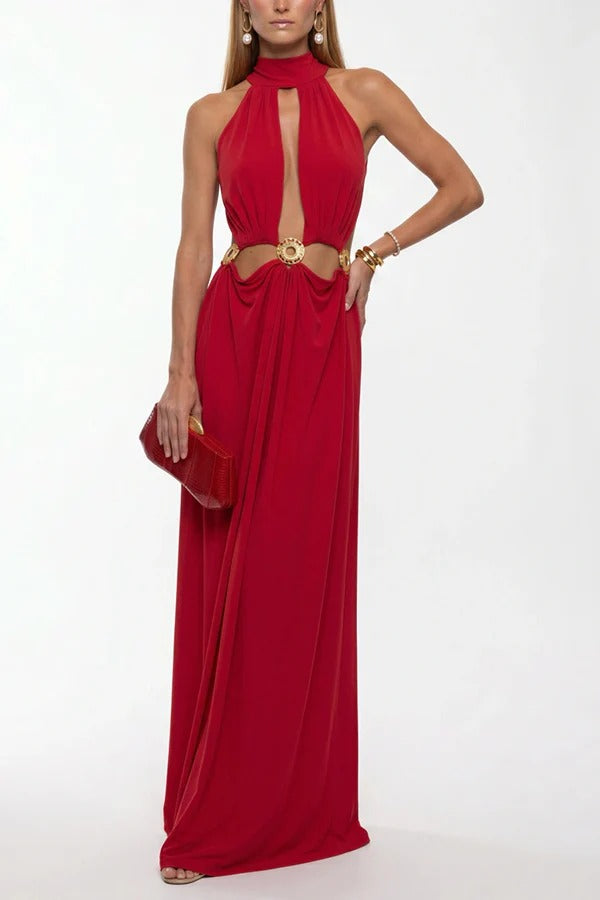 Arkos High Neck Cut-out Gold-plated Metal Emblems Backless Maxi Dress