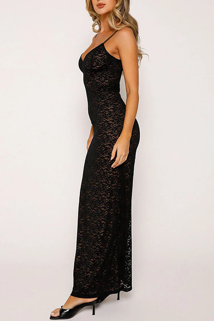 Robe longue moulante en dentelle guipure à col en V pour fête d'anniversaire - Noir 