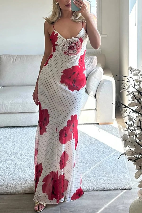 Vanna Poka Dot Floral Print 3D Flower Detail Slip Maxi Dress