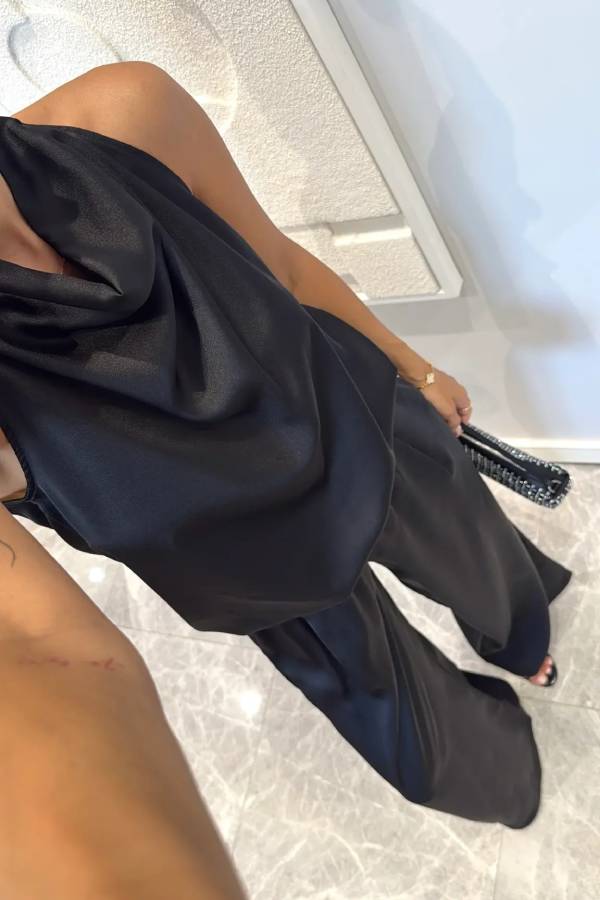 Classic on You Satin High Cowl Neck Top and Elastic Waist Pocket Loose Pants Set