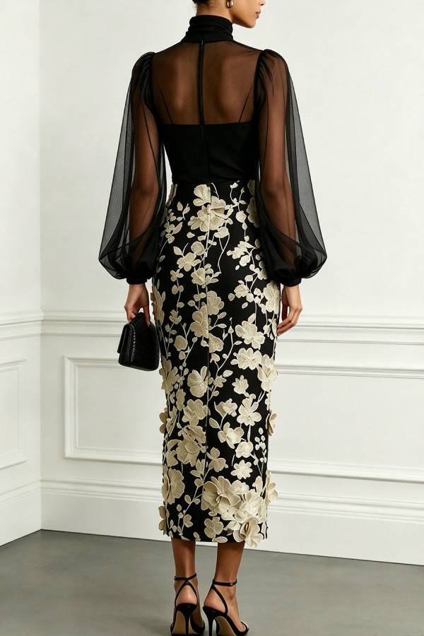 Tanie Tulle High Neck Long Lantern Sleeve 3D Floral Appliqués Hem Midi Dress