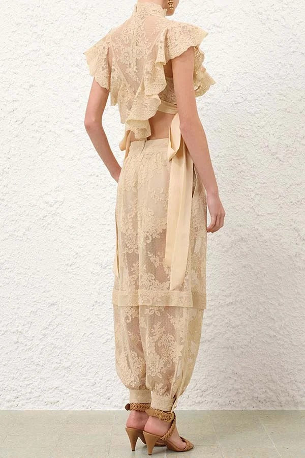 Ellie Lace Gathered Waist Pocket Button Ankle Cuffs Harem Pant