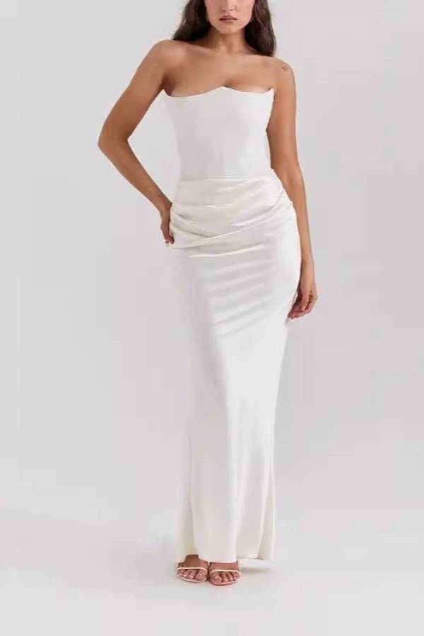 Elegant Strapless Patchwork Formal Party Fishtail Maxi Dresses-Black
