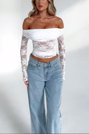 Solid color lace off-shoulder one-neck long-sleeved backless top