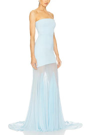 Blue Sky Off Shoulder Contrast Sheer Mesh Fabric Stretch Maxi Dress