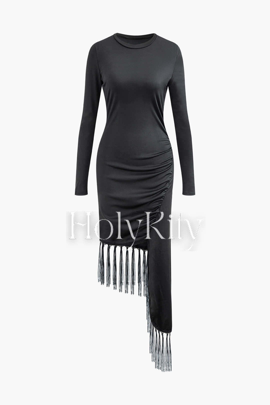 Solid Ruched Asymmetric Tassel Hem Mini Dress