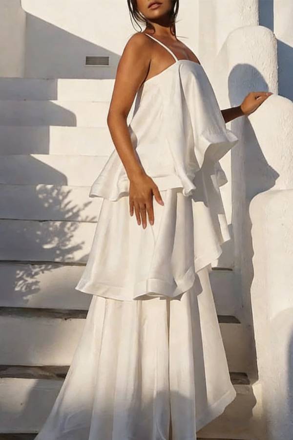 Soft and Smooth Satin Tiered Slip Square Neck A-line Maxi Dress