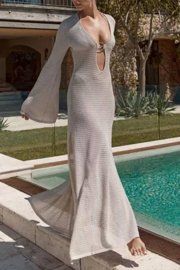 Mesh Cutout Ring Detail Flare Sleeve Slit Maxi Cover-Up Dress