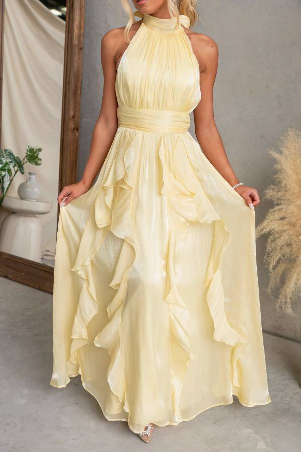 Shimmer Chiffon Halter Ruffle Bridesmaid Maxi Dress