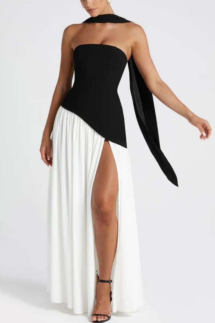 Black and White Contrast Scarf Irregular Slit Maxi Dress