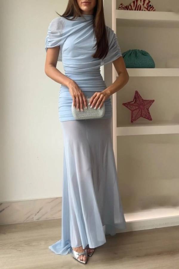 Elegant Ruched Sheer Panel Short-Sleeve Maxi Dress