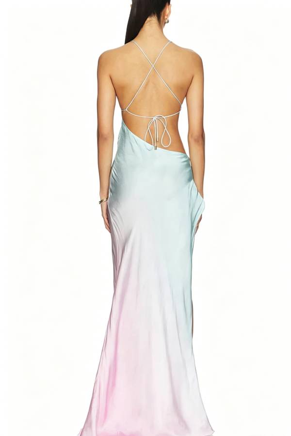 Miami Night Satin Gradient Print Cutout Moonstone Slip Slit Maxi Dress