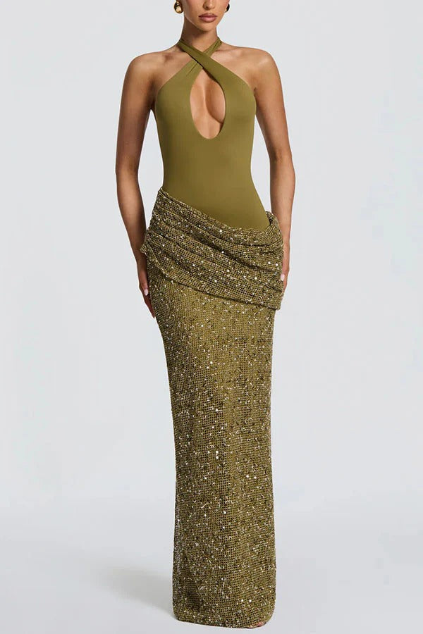 Solea Stretch Jersey Ruched Sequin Embellished Hem Adjustable Halter Maxi Dress