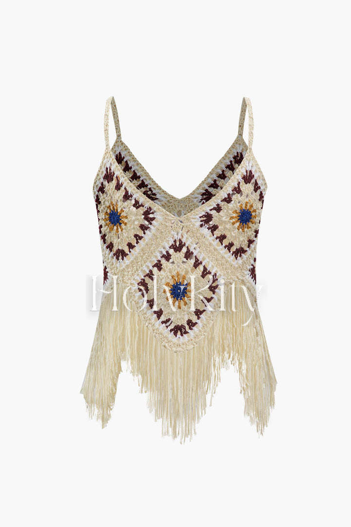 Camisole-Top mit Häkelstrick und Fransensaum 