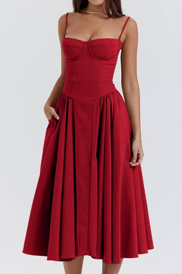French Corset Spaghetti Strap Full Skirt Midi Dress