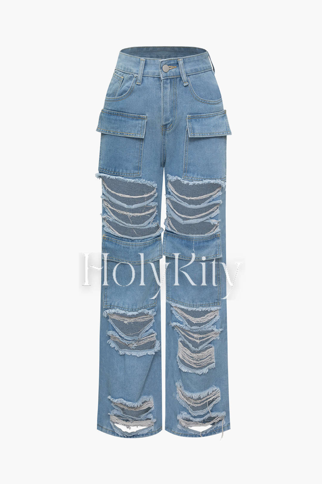 Denim Ripped Flap Pocket Cargo Pants
