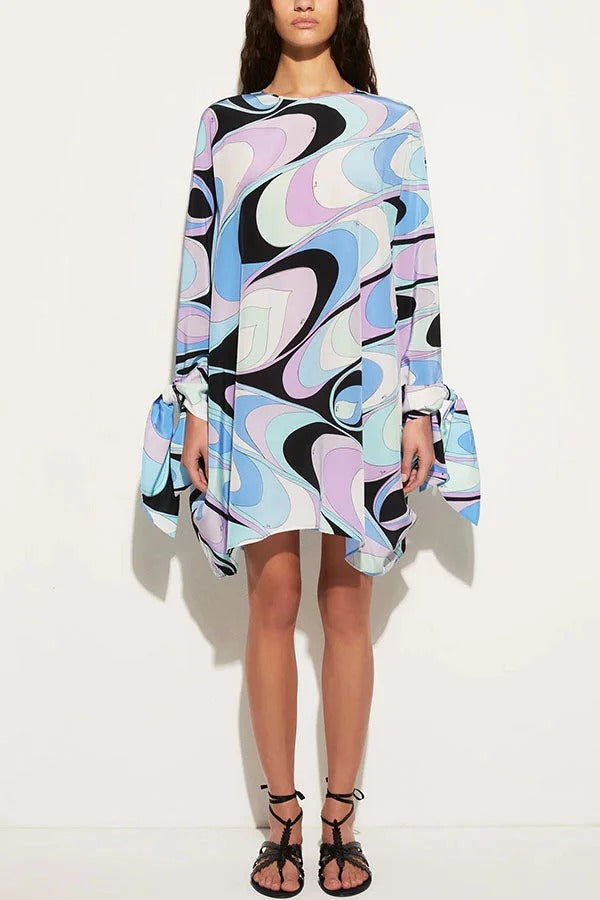 Micah Satin Unique Print Slit Tie-up Sleeve Shift Kaftan Mini Dress