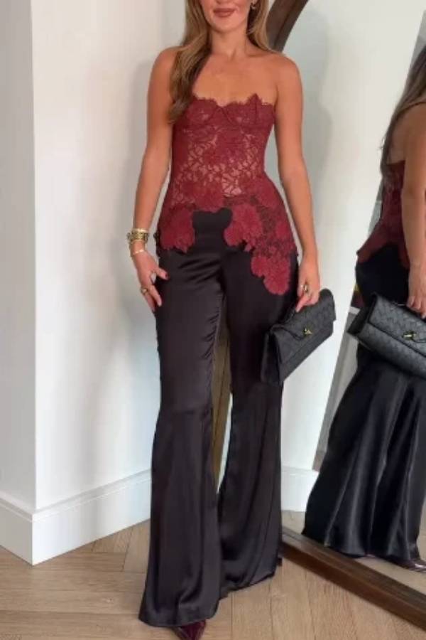 Strapless Floral Lace Corset Top with Scalloped Sweetheart Neckline and Asymmetric Hem