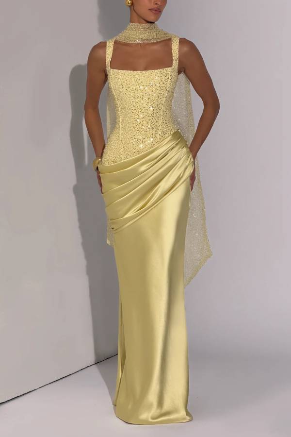 Alexandria Sequin Square Neck Back Lace-up Satin Drape Cowl Overlay Maxi Dress