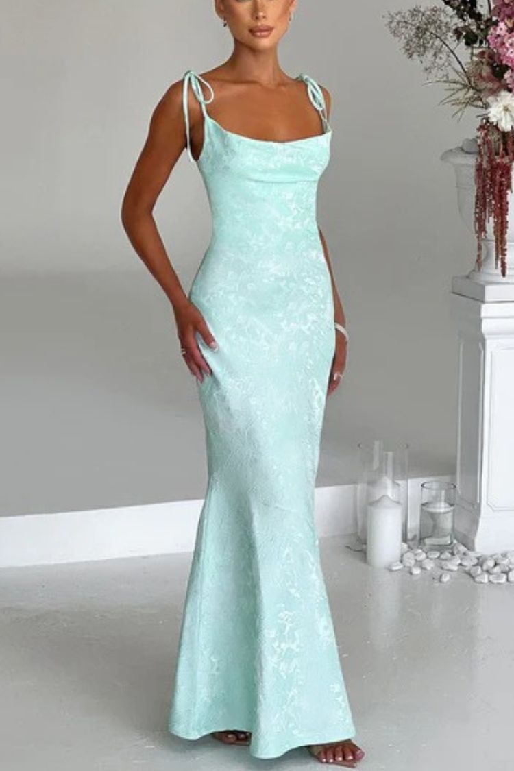 Jacquard Fabric Elegant Suspender Tie Slim Fishtail Maxi Dress