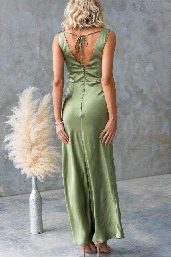 Chic Muse Satin Solid Color Cowl Neck Back Tie-up Maxi Dress
