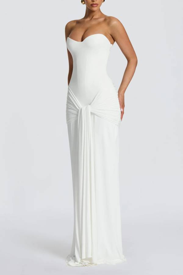 Gia Jersey Sweetheart Neck Detachable Mesh Halter Strap Draped Hem Maxi Dress