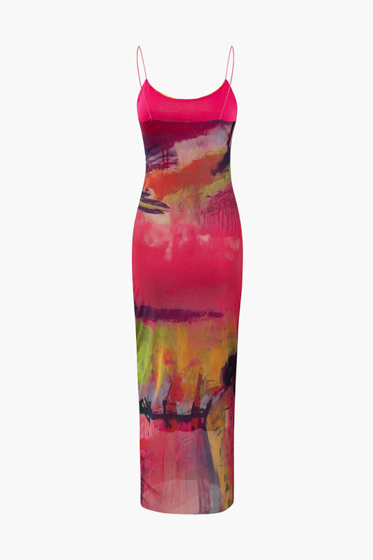 Maxikleid aus Netzstoff mit abstraktem Print 