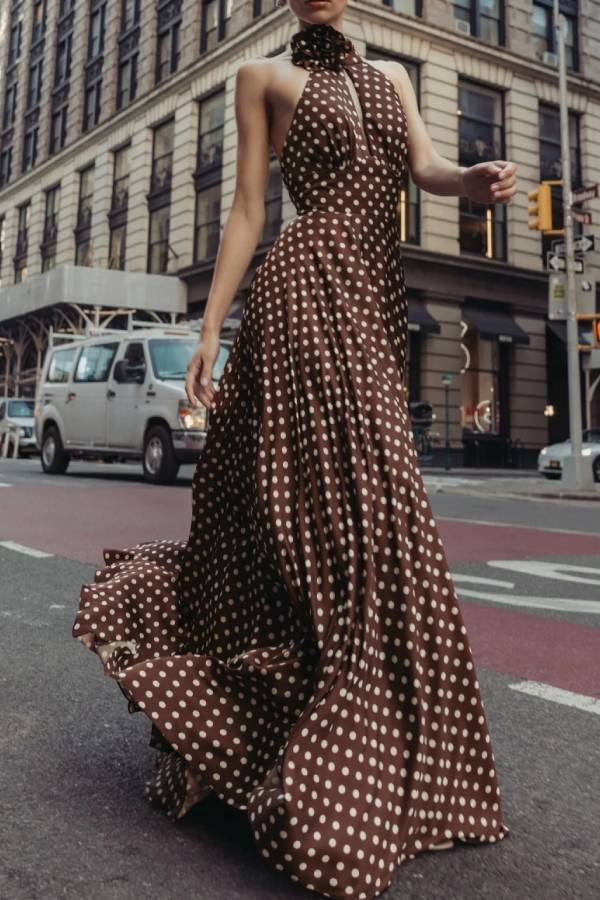 Brown halter-neck maxi dress with polka dots and 3D floral details