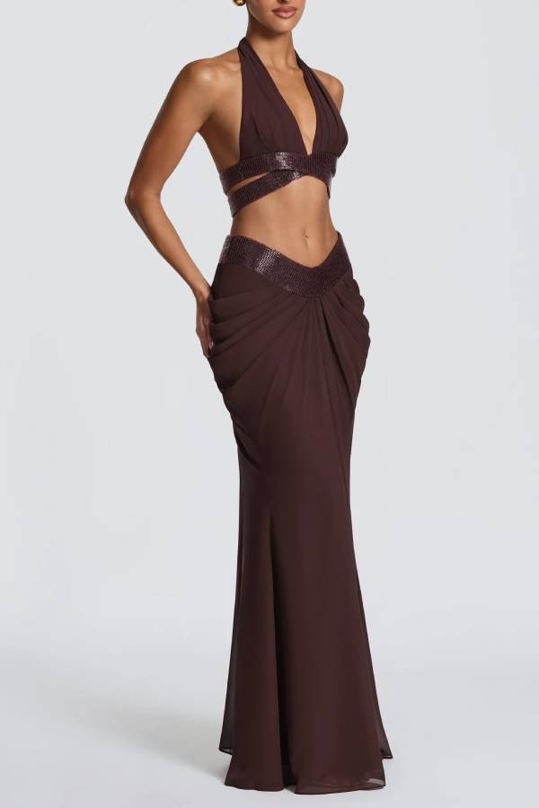 Sophie Chiffon Embellished Trim Crop Halter Tank and Dramatic Gathered Drape Maxi Skirt Set