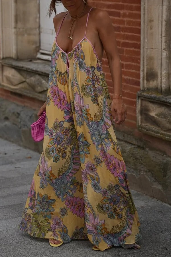 Plant Print Halter Back Loose Holiday Maxi Dress