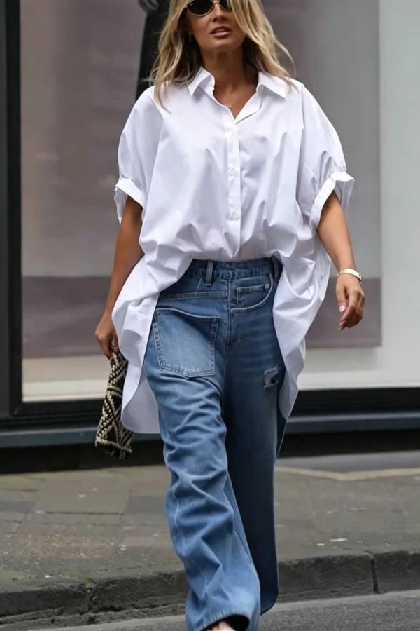 Street Style Denim Asymmetrical Pocket Design Mid Rise Distressed Wide Leg Jeans
