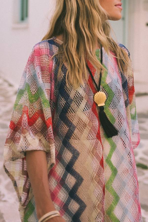 Sun Washed Knit Colorful Zigzag Pattern Asymmetric Hem Loose Cover-ups Kaftan