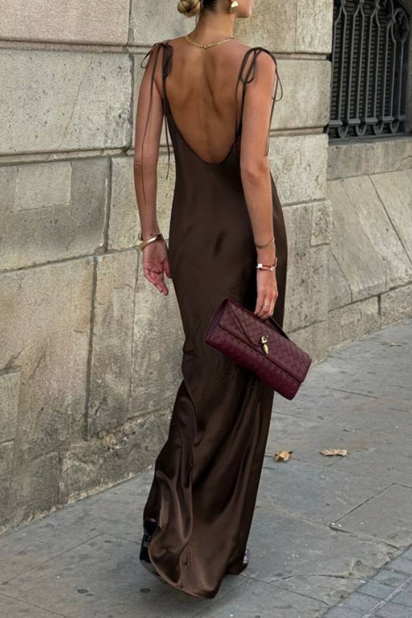 Thin Tie Strap Open Back Glossy Satin Slip Maxi Dress