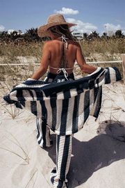 Knit Striped Pattern 3/4 Sleeve Blouse Wide Leg Pants Matching Set-Pink