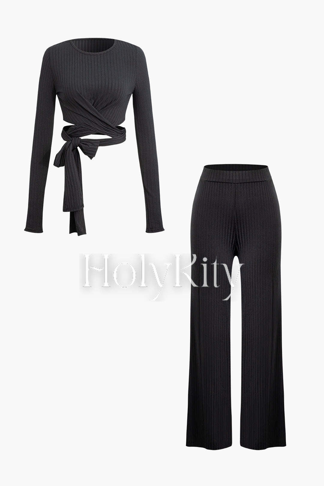 Set aus langärmligem Oberteil mit Rundhalsausschnitt und Hose mit hoher Taille und Twist-Tie 