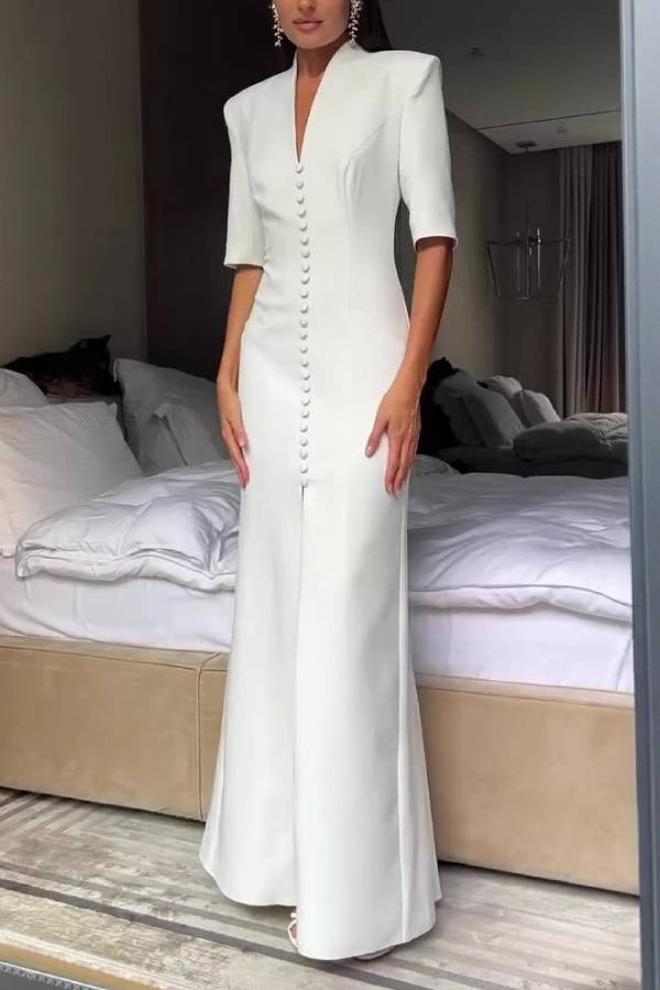 Stand Collar Padded Shoulder Button Front Slit Long Evening Gown
