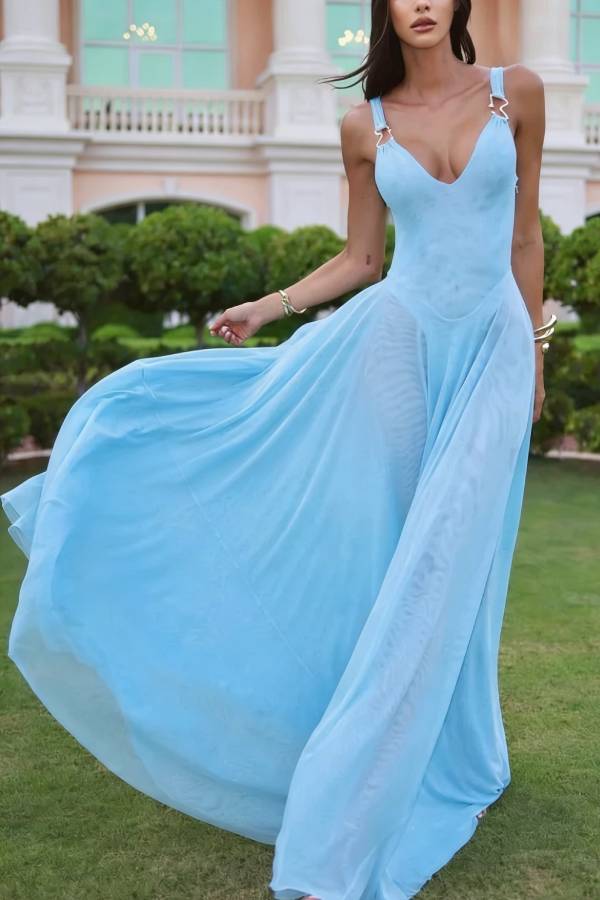 Solid Color V-neck Sleeveless Slim-fit Elegant Mesh Maxi Dress