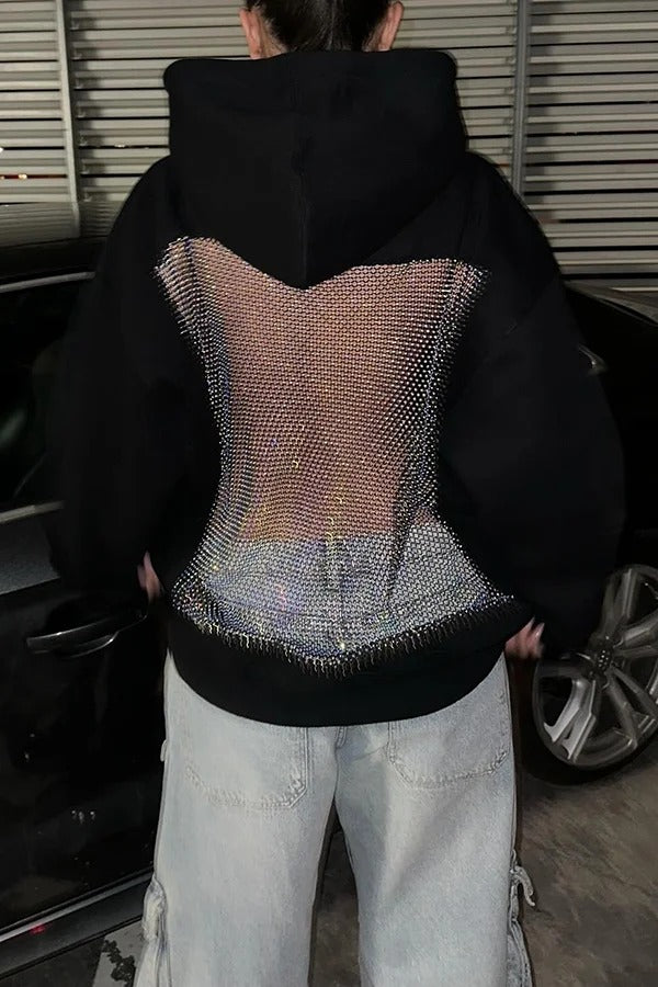 Fashionable Shiny Mesh Hollow Back Loose Long-sleeved Hooded Sweatshirt