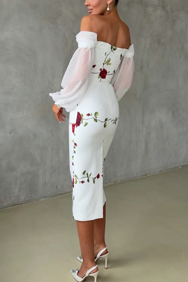 Ellie Rose Print Tulle Lantern Sleeves Off Shoulder Pencil Midi Dress