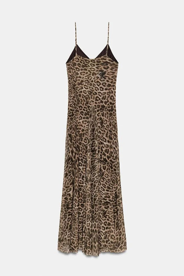 Jaycie Tulle Leopard Print V-neck Pleated A-line Hem Slip Maxi Dress