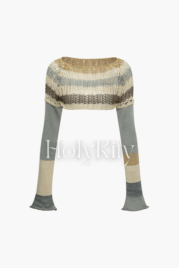 Stripe Open Knit Long Sleeve Crop Top