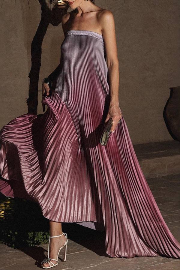 Strapless Ombre Pleated Asymmetric Hem Gown