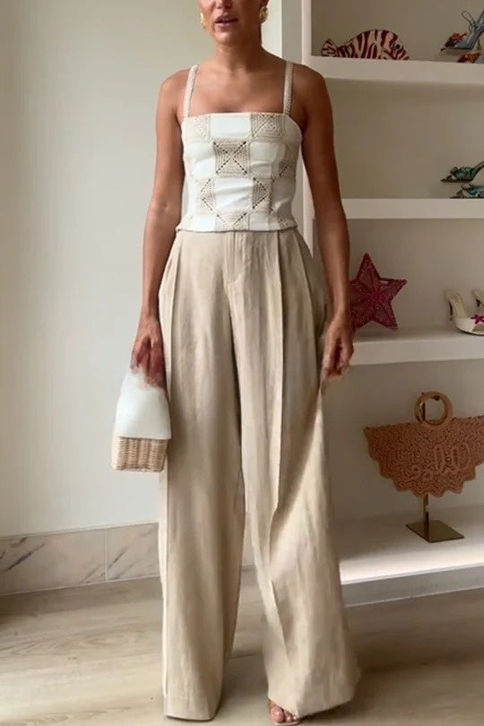 Angie Linen Blend High Rise Elastic Waist Pocket Wide Leg Pants
