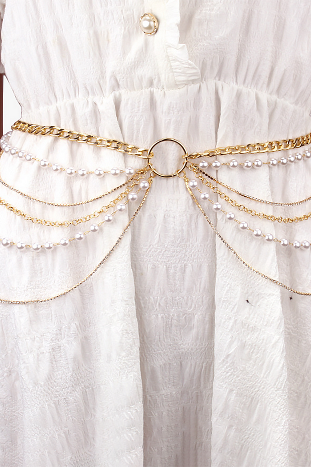 Layered Pearls Metallic Fashionable Waist Chain