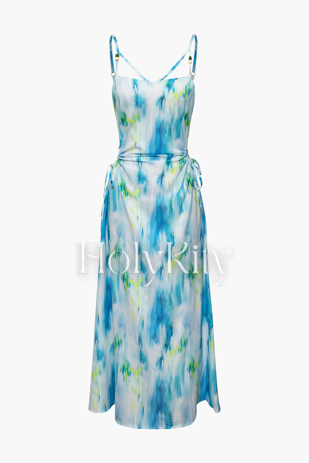 Maxikleid mit seitlicher Schnürung und Aquarellmotiv 