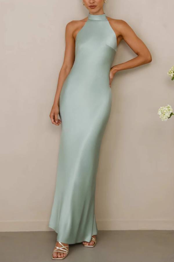 Halter Open Back Satin Midi Maxi Formal Dress Solid Bodycon Bridesmaid Gown