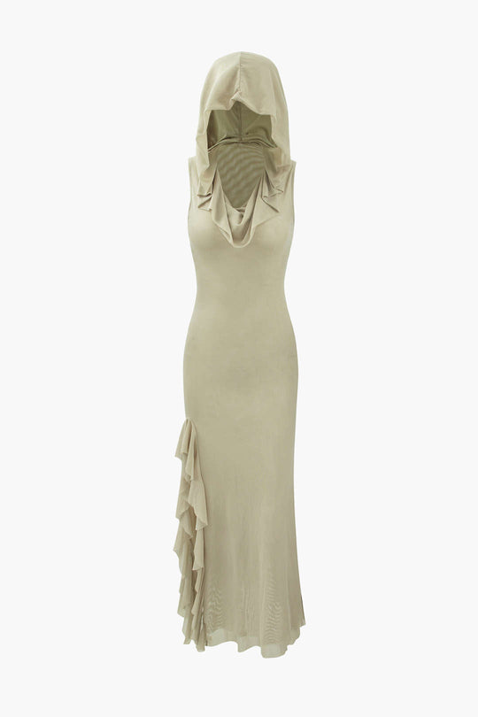 Maxikleid mit Kapuze, Rüschensaum und Schlitz 