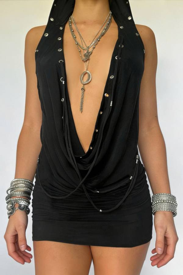 Hooded Cowl Neck Rivet Cutout Lace‑Up Bodycon Mini Dress