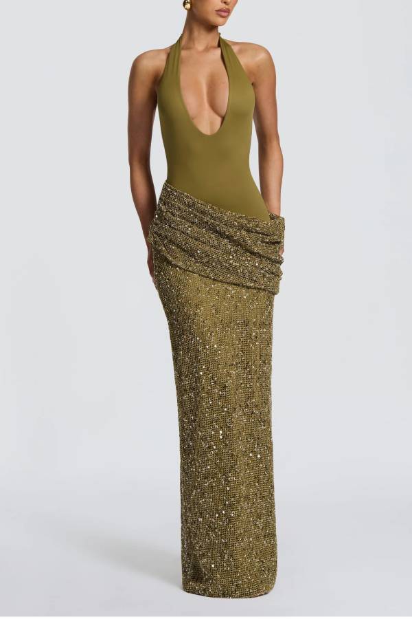 Solea Stretch Jersey Ruched Sequin Embellished Hem Adjustable Halter Maxi Dress